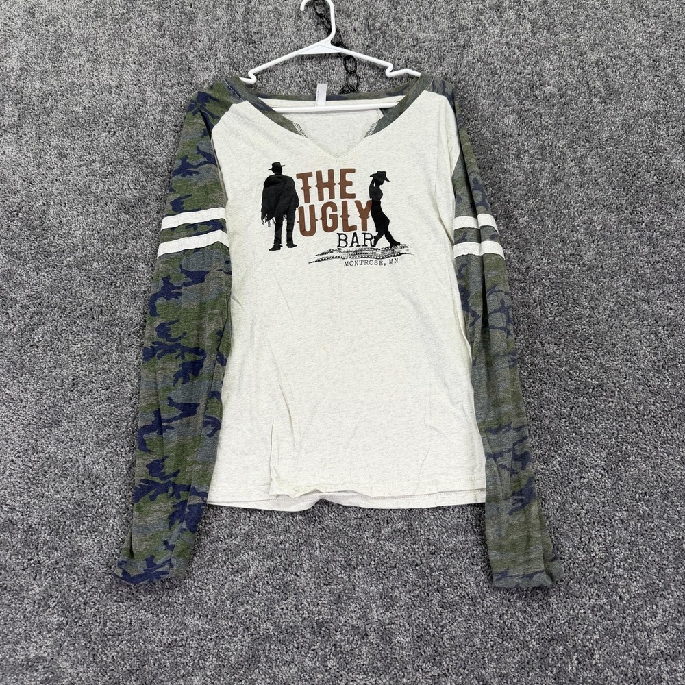 L.A.T Shirt Womens Large Gray Camo Raglan Long Sleeve Ugly Bar Western Graphic